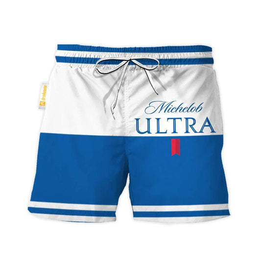 Michelob Ultra Blue And White Basic Swim Trunks - VinoVogue.com