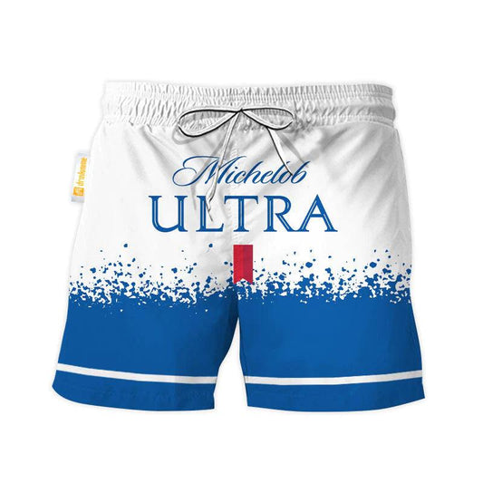 Michelob Ultra White Blue Basic Swim Trunks - VinoVogue.com