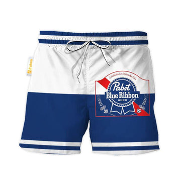 Pabst Blue Ribbon Blue And White Basic Swim Trunks - VinoVogue.com