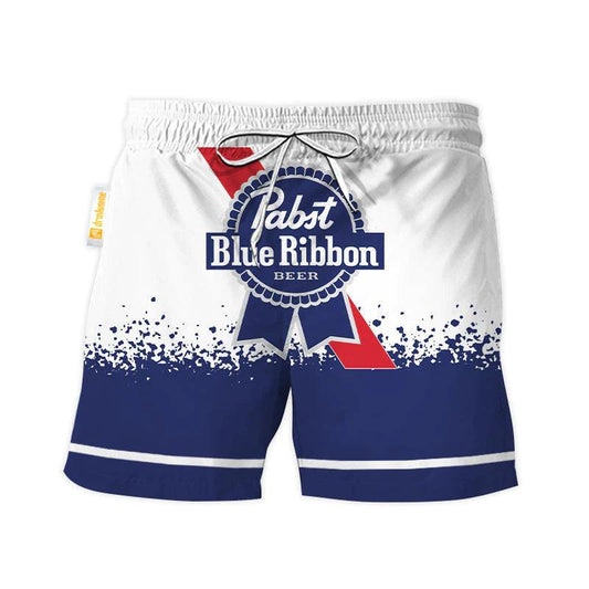 Pabst Blue Ribbon White Blue Basic Swim Trunks - VinoVogue.com